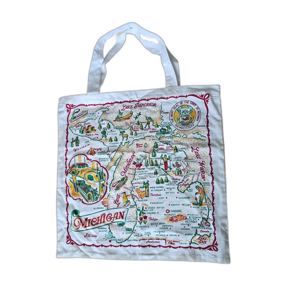 Michigan Map Tote Bag Red & White Kitchen Co Canvas Market Bag State Souvenir